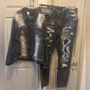 Distressed Black Denim Jacket and Jeans Set Men